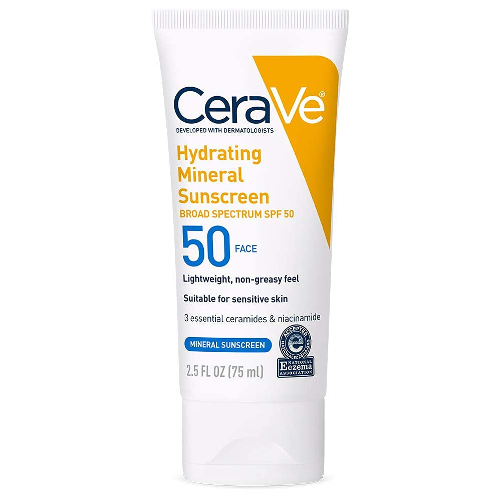 Cerave 100% Mineral Sunscreen SPF 50, Face Sunscreen with Zinc Oxide & Titanium Dioxide, Hyaluronic Acid + Niacinamide + Ceramides, Oil Free, Travel Size 2.5 Oz