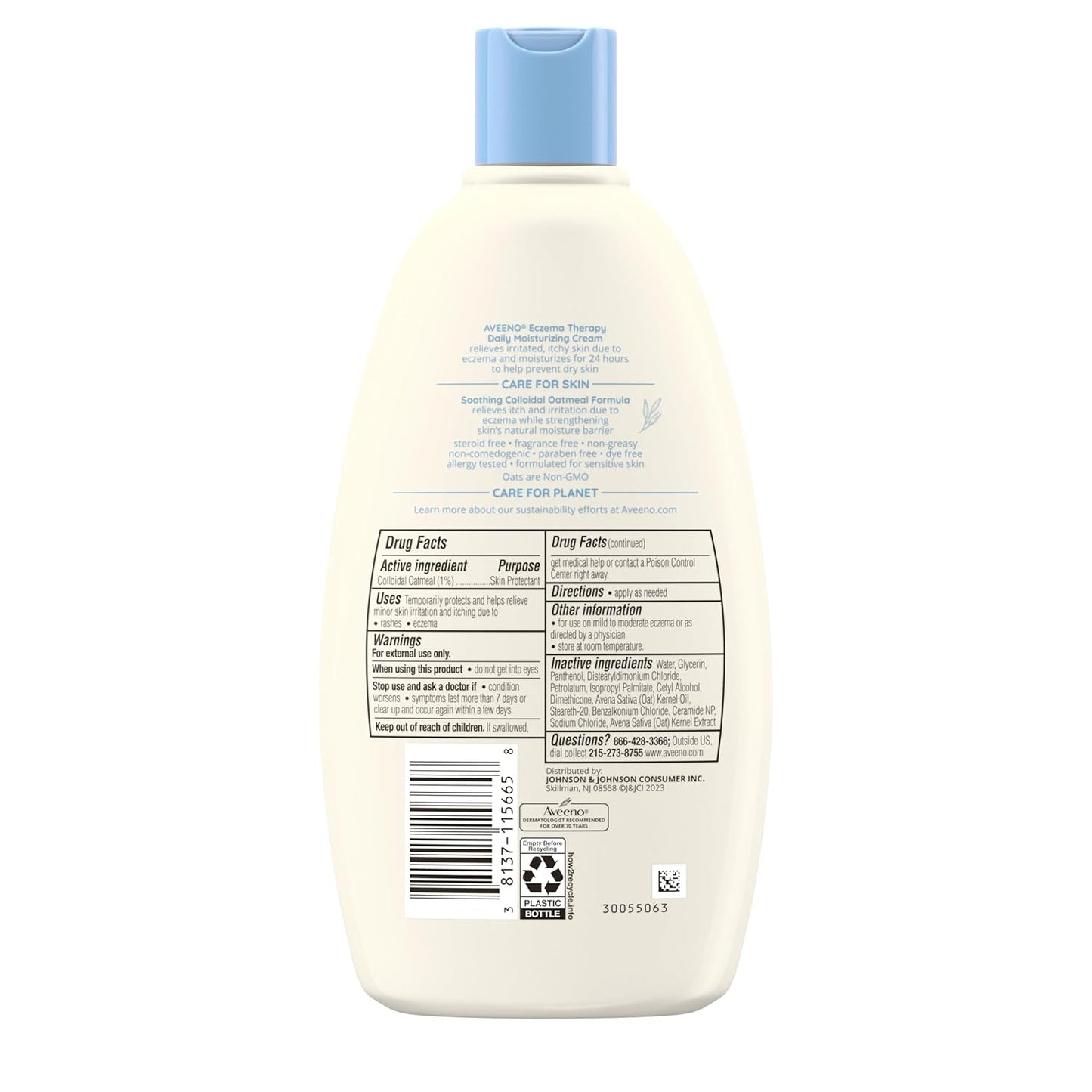 Aveeno Eczema Therapy Daily Moisturizing Body Cream for Sensitive Skin, Soothing Eczema Relief Cream, Colloidal Oatmeal & Ceramide for Dry & Itchy Skin, Steroid- & Fragrance-Free, 12 Oz