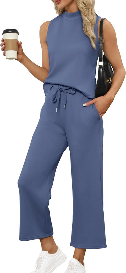 SAMPEEL Two Piece Sets for Women Summer Outfits Lounge Sets Mock Neck Tops Wide Leg Crop Pants Vacation Travel Outfits