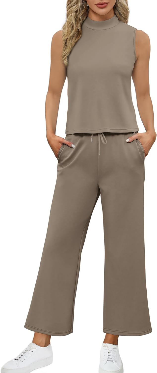 SAMPEEL Two Piece Sets for Women Summer Outfits Lounge Sets Mock Neck Tops Wide Leg Crop Pants Vacation Travel Outfits