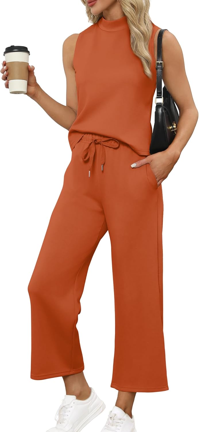 SAMPEEL Two Piece Sets for Women Summer Outfits Lounge Sets Mock Neck Tops Wide Leg Crop Pants Vacation Travel Outfits