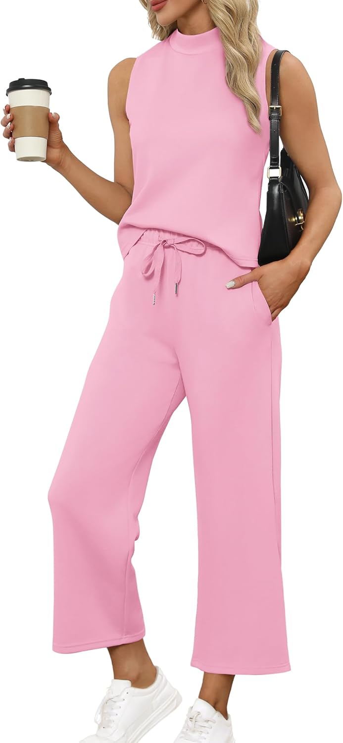 SAMPEEL Two Piece Sets for Women Summer Outfits Lounge Sets Mock Neck Tops Wide Leg Crop Pants Vacation Travel Outfits