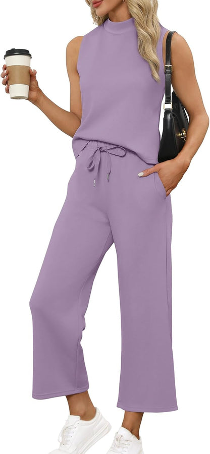 SAMPEEL Two Piece Sets for Women Summer Outfits Lounge Sets Mock Neck Tops Wide Leg Crop Pants Vacation Travel Outfits