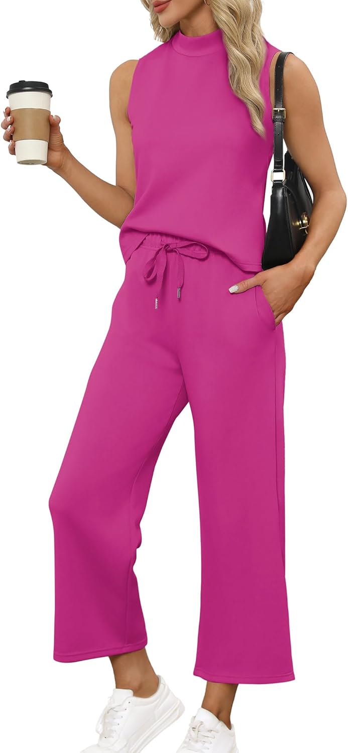 SAMPEEL Two Piece Sets for Women Summer Outfits Lounge Sets Mock Neck Tops Wide Leg Crop Pants Vacation Travel Outfits