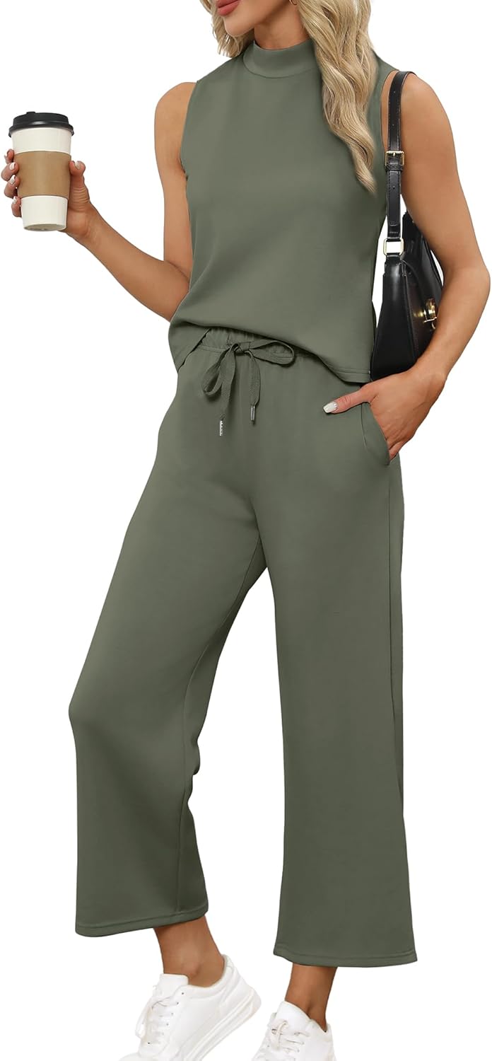 SAMPEEL Two Piece Sets for Women Summer Outfits Lounge Sets Mock Neck Tops Wide Leg Crop Pants Vacation Travel Outfits