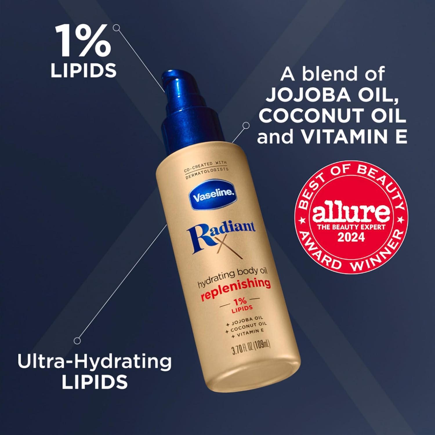 Vaseline Radiant X Replenishing and Hydrating Body Oil with 1% Lipids, Jojoba Oil, Coconut Oil, & Vitamin E 3.7 Oz