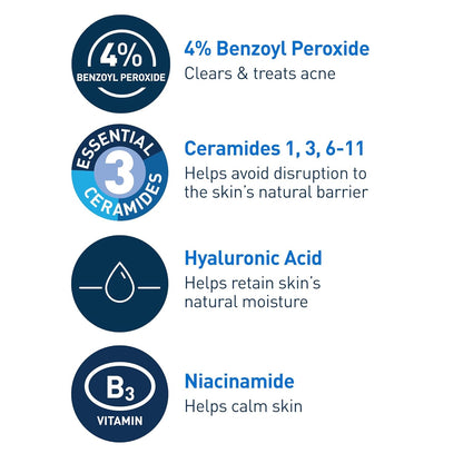 Cerave Acne Foaming Cream Cleanser, 4% Benzoyl Peroxide Face Wash with Hyaluronic Acid, Niacinamide & Ceramides, Gentle Daily Acne Treatment for Face