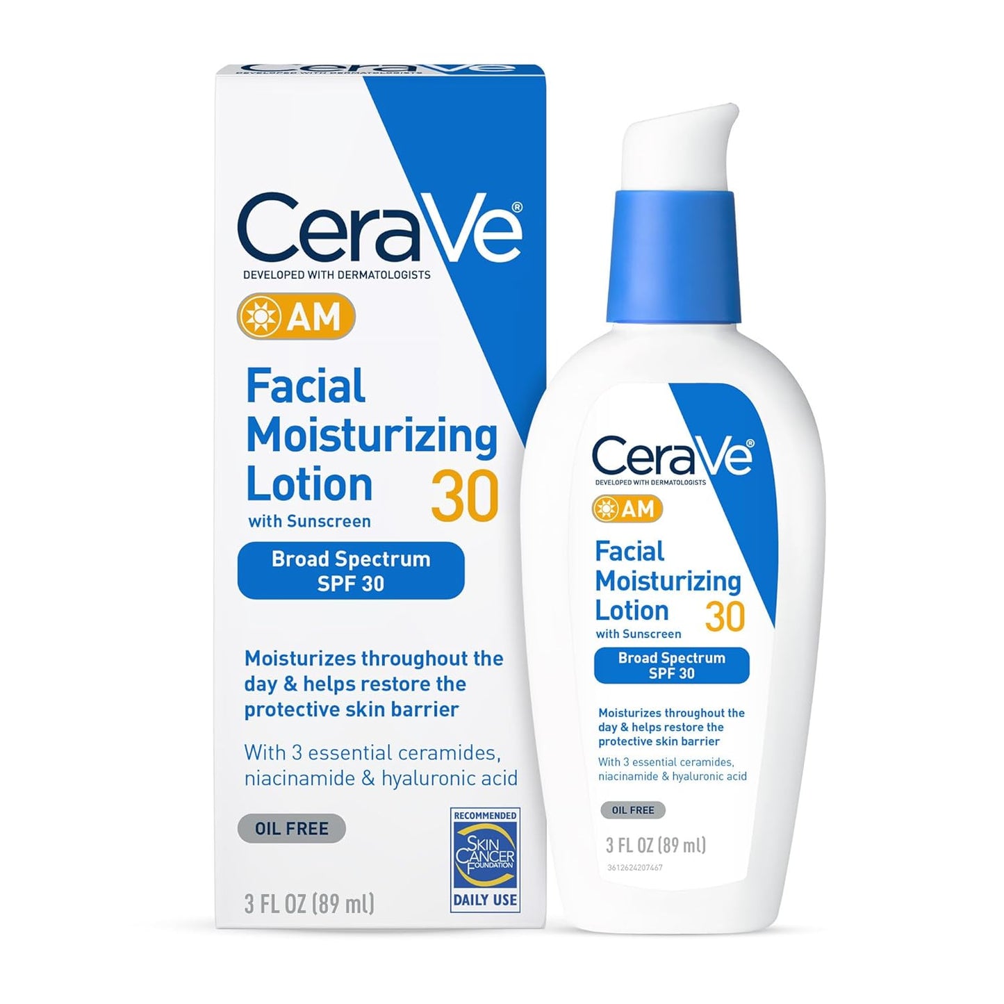 Cerave AM Facial Moisturizing Lotion with SPF 30, Oil-Free Face Moisturizer with SPF, Formulated with Hyaluronic Acid, Niacinamide & Ceramides, Non-Comedogenic, Broad Spectrum Sunscreen, 3 Ounce
