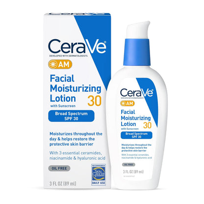 Cerave AM Facial Moisturizing Lotion with SPF 30, Oil-Free Face Moisturizer with SPF, Formulated with Hyaluronic Acid, Niacinamide & Ceramides, Non-Comedogenic, Broad Spectrum Sunscreen, 3 Ounce