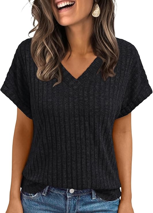 AUTOMET Women Tops Summer Sweaters Short Sleeve V Neck Shirts 2025 Spring Fashion Dressy Casual Business Tunic Blouses