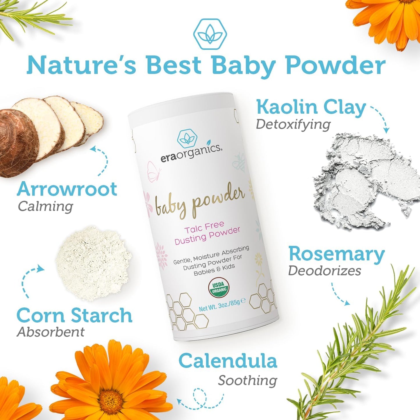 USDA Organic Baby Powder Talc-Free - Soothing Arrowroot, Calendula and Cornstarch for Newborn, Babies or Toddlers - Made in USA - 3Oz/85G