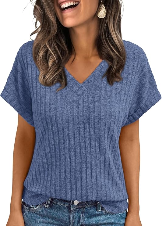 AUTOMET Women Tops Summer Sweaters Short Sleeve V Neck Shirts 2025 Spring Fashion Dressy Casual Business Tunic Blouses