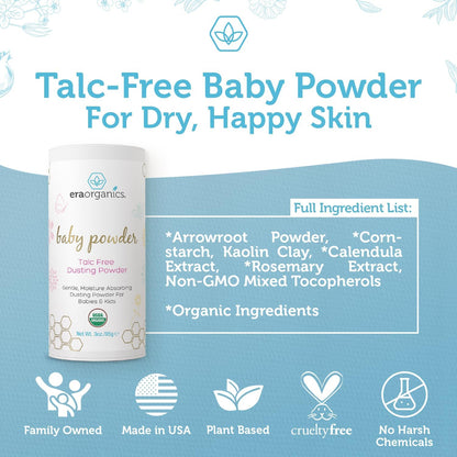 USDA Organic Baby Powder Talc-Free - Soothing Arrowroot, Calendula and Cornstarch for Newborn, Babies or Toddlers - Made in USA - 3Oz/85G