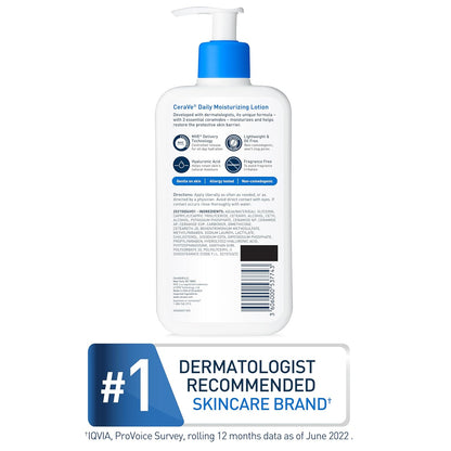 Cerave Daily Moisturizing Lotion for Dry Skin, Body Lotion & Face Moisturizer with Hyaluronic Acid and Ceramides, Daily Moisturizer, Fragrance Free, Oil-Free, 12 Ounce