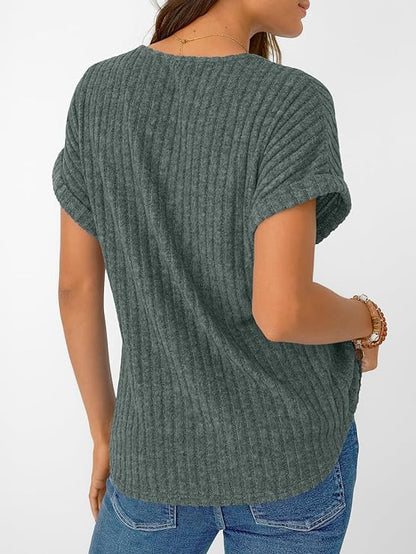 AUTOMET Women Tops Summer Sweaters Short Sleeve V Neck Shirts 2025 Spring Fashion Dressy Casual Business Tunic Blouses