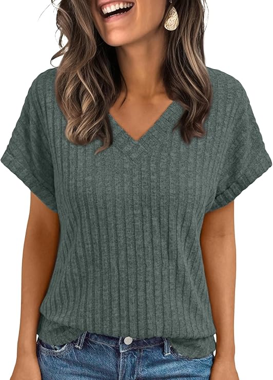 AUTOMET Women Tops Summer Sweaters Short Sleeve V Neck Shirts 2025 Spring Fashion Dressy Casual Business Tunic Blouses