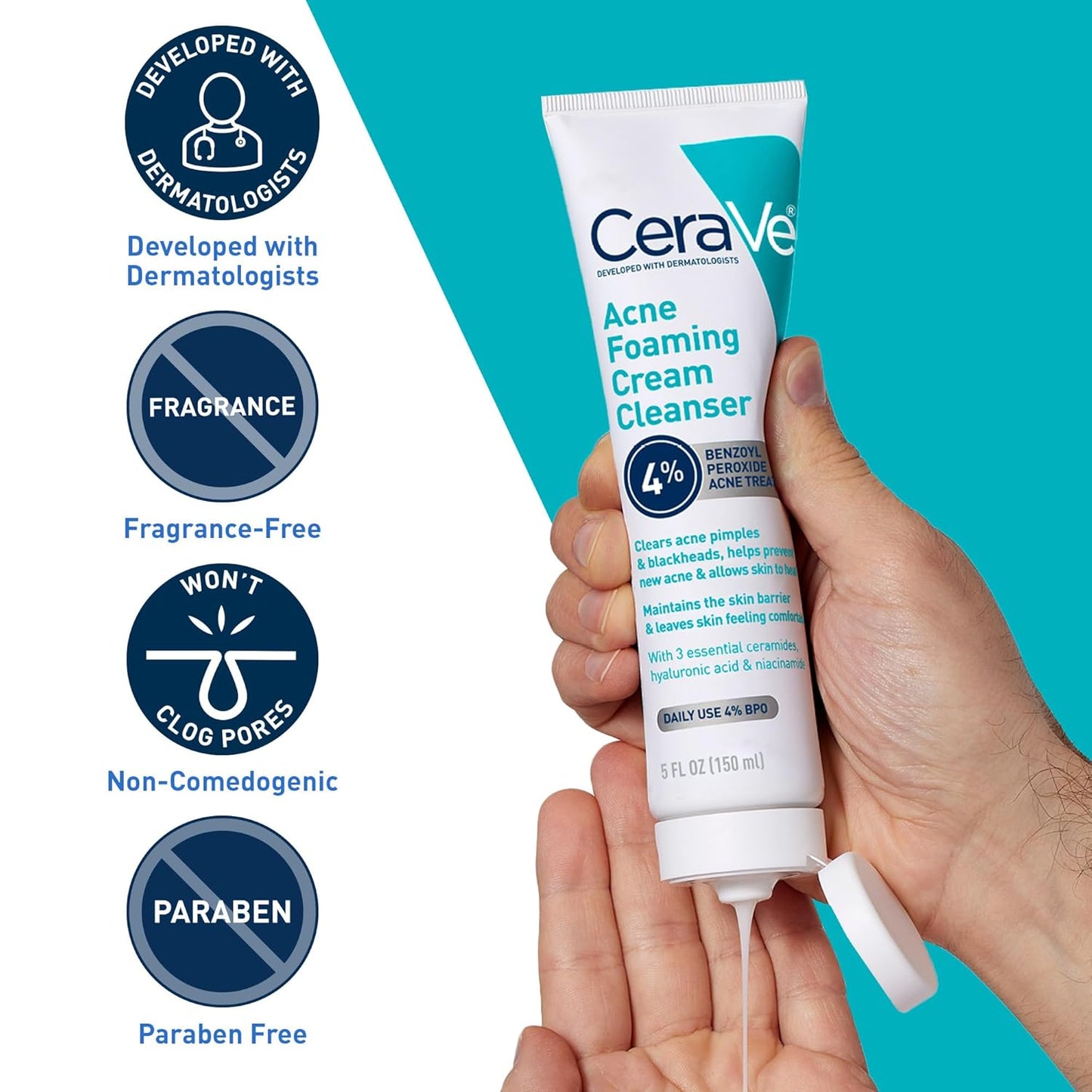 Cerave Acne Foaming Cream Cleanser, 4% Benzoyl Peroxide Face Wash with Hyaluronic Acid, Niacinamide & Ceramides, Gentle Daily Acne Treatment for Face