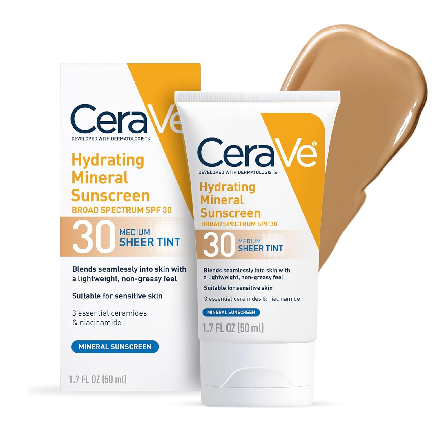 Cerave Hydrating Mineral Sunscreen SPF 30 with Sheer Tint, Tinted Mineral Sunscreen with Zinc Oxide & Titanium Dioxide, Blends Seamlessly for Healthy Glow, Medium, 1.7 Fluid Ounce