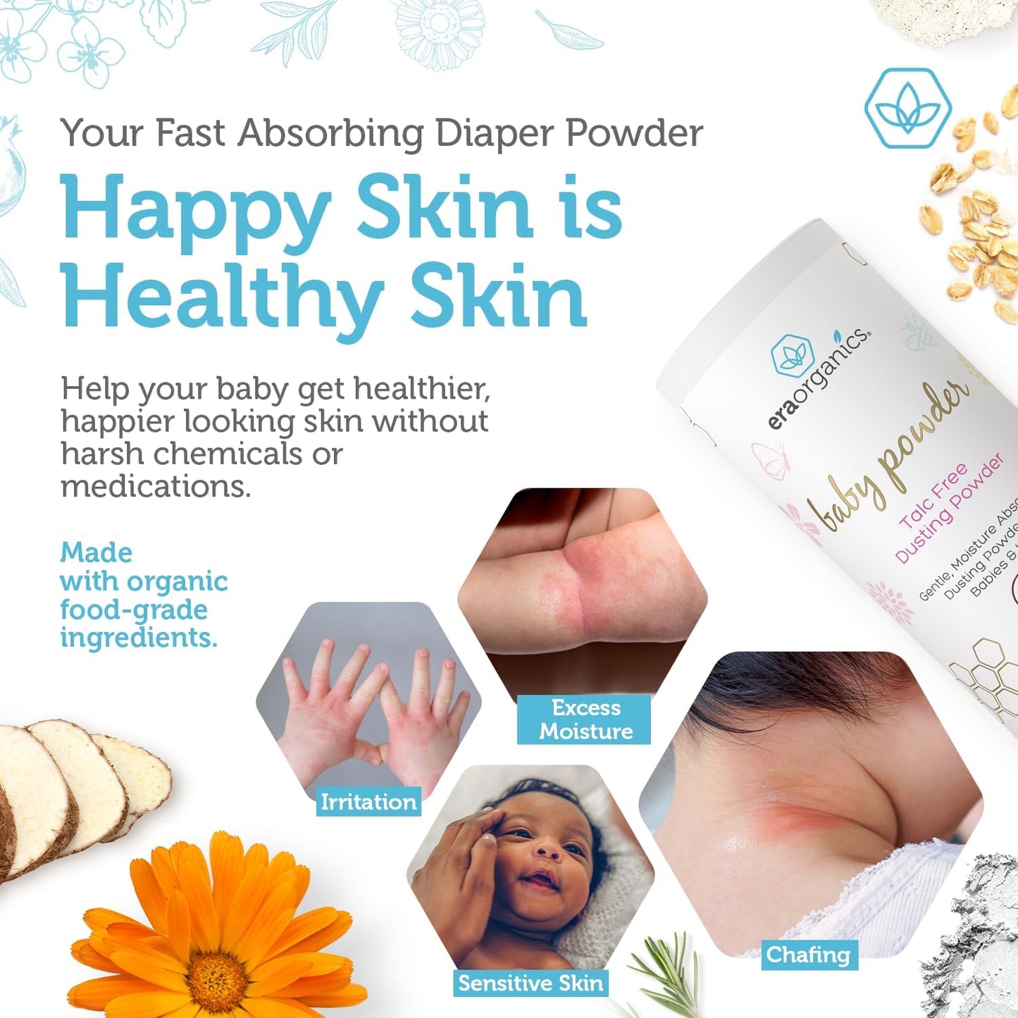 USDA Organic Baby Powder Talc-Free - Soothing Arrowroot, Calendula and Cornstarch for Newborn, Babies or Toddlers - Made in USA - 3Oz/85G