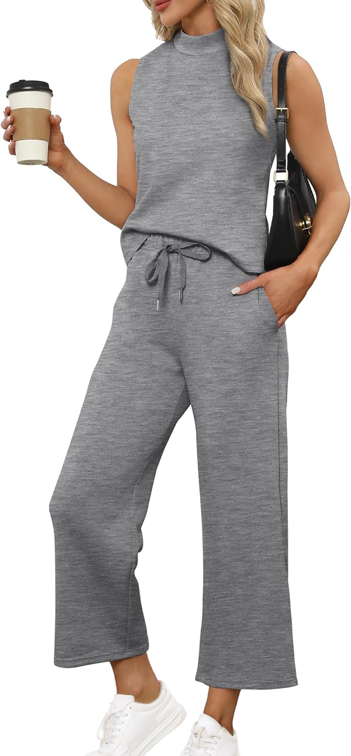 SAMPEEL Two Piece Sets for Women Summer Outfits Lounge Sets Mock Neck Tops Wide Leg Crop Pants Vacation Travel Outfits