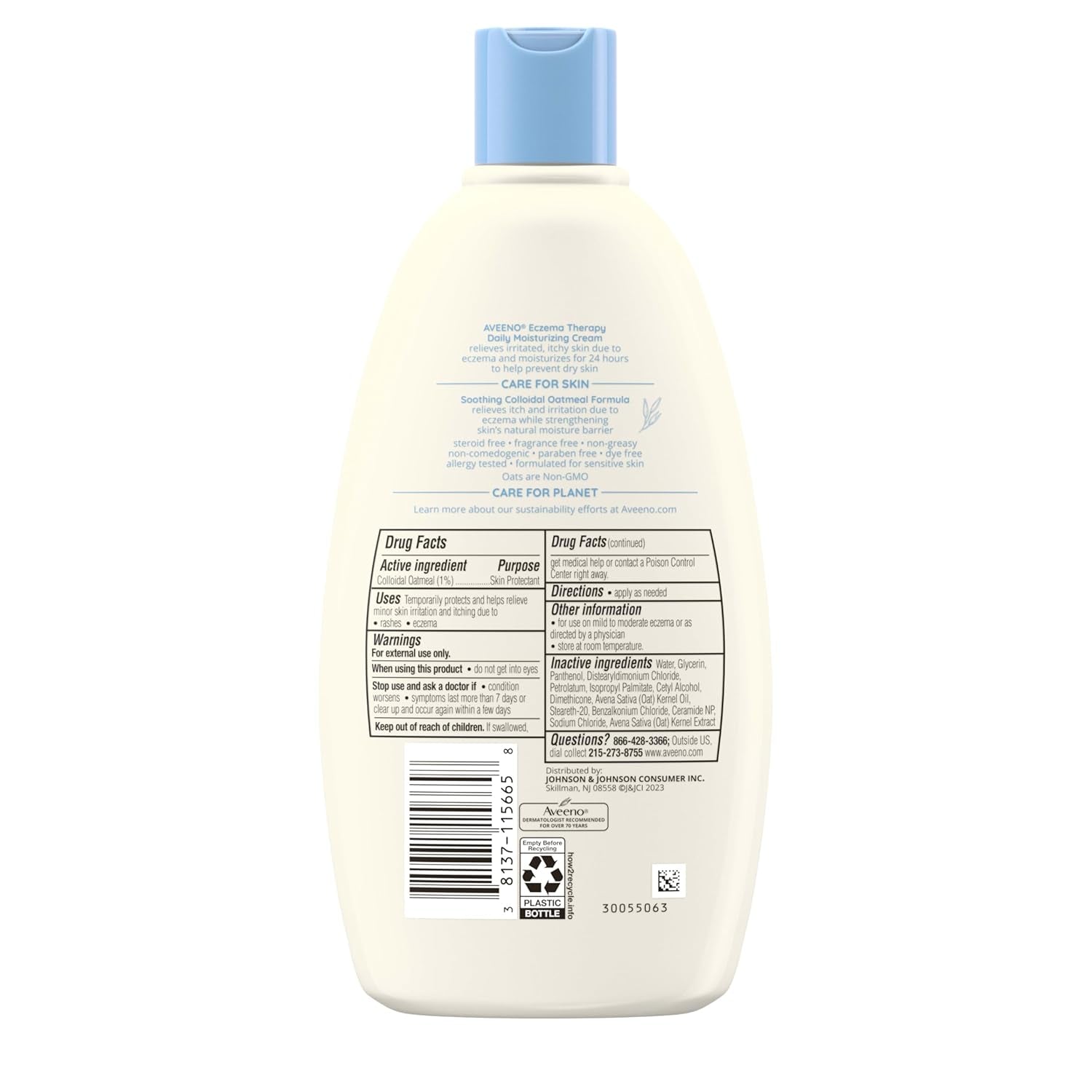 Aveeno Eczema Therapy Daily Moisturizing Body Cream for Sensitive Skin, Soothing Eczema Relief Cream, Colloidal Oatmeal & Ceramide for Dry & Itchy Skin, Steroid- & Fragrance-Free, 12 Oz