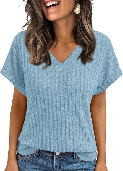 AUTOMET Women Tops Summer Sweaters Short Sleeve V Neck Shirts 2025 Spring Fashion Dressy Casual Business Tunic Blouses