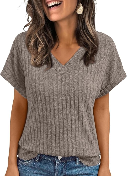 AUTOMET Women Tops Summer Sweaters Short Sleeve V Neck Shirts 2025 Spring Fashion Dressy Casual Business Tunic Blouses