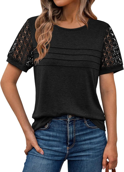 AUTOMET Women'S Short Sleeve Shirts Dressy Lace Summer Tops 2025 Spring Trendy Casual T-Shirts Cute Work Outfits Blouses