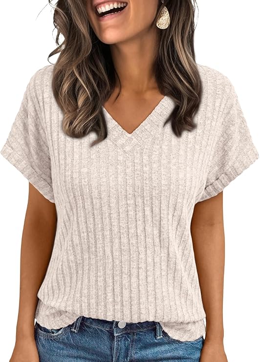 AUTOMET Women Tops Summer Sweaters Short Sleeve V Neck Shirts 2025 Spring Fashion Dressy Casual Business Tunic Blouses