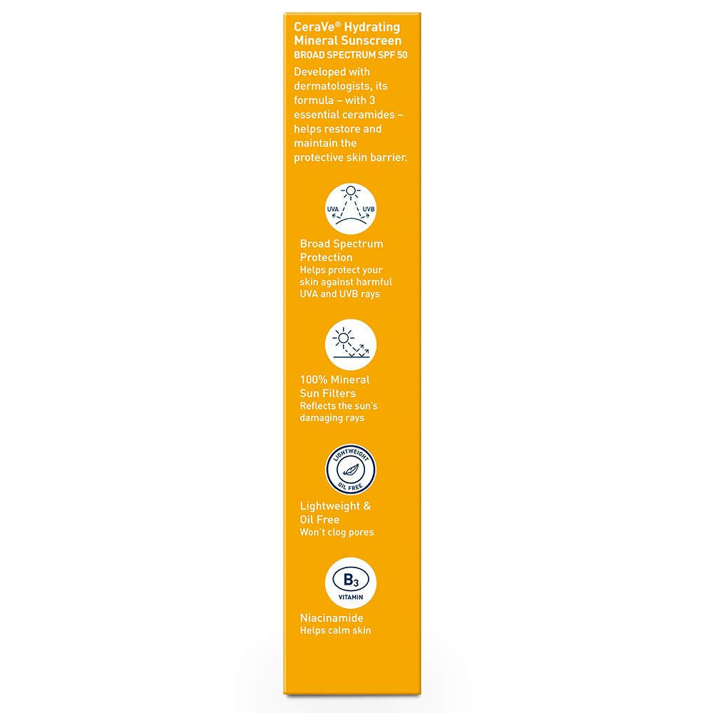 Cerave 100% Mineral Sunscreen SPF 50, Face Sunscreen with Zinc Oxide & Titanium Dioxide, Hyaluronic Acid + Niacinamide + Ceramides, Oil Free, Travel Size 2.5 Oz