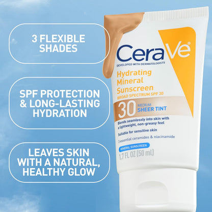 Cerave Hydrating Mineral Sunscreen SPF 30 with Sheer Tint, Tinted Mineral Sunscreen with Zinc Oxide & Titanium Dioxide, Blends Seamlessly for Healthy Glow, Medium, 1.7 Fluid Ounce