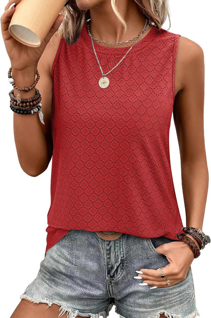 SAMPEEL Womens Tank Tops Eyelet Loose Casual Summer Tops Crew Neck Basic Sleeveless Shirts Trendy 2025
