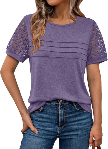 AUTOMET Women'S Short Sleeve Shirts Dressy Lace Summer Tops 2025 Spring Trendy Casual T-Shirts Cute Work Outfits Blouses