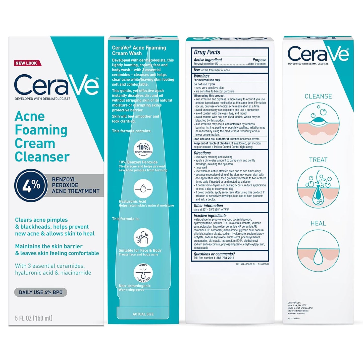 Cerave Acne Foaming Cream Cleanser, 4% Benzoyl Peroxide Face Wash with Hyaluronic Acid, Niacinamide & Ceramides, Gentle Daily Acne Treatment for Face