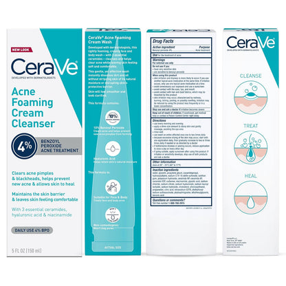 Cerave Acne Foaming Cream Cleanser, 4% Benzoyl Peroxide Face Wash with Hyaluronic Acid, Niacinamide & Ceramides, Gentle Daily Acne Treatment for Face