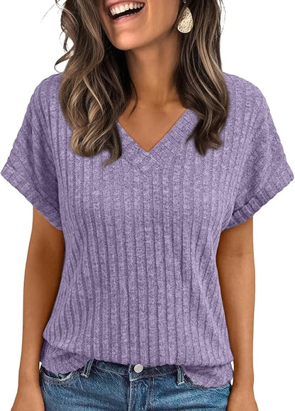 AUTOMET Women Tops Summer Sweaters Short Sleeve V Neck Shirts 2025 Spring Fashion Dressy Casual Business Tunic Blouses