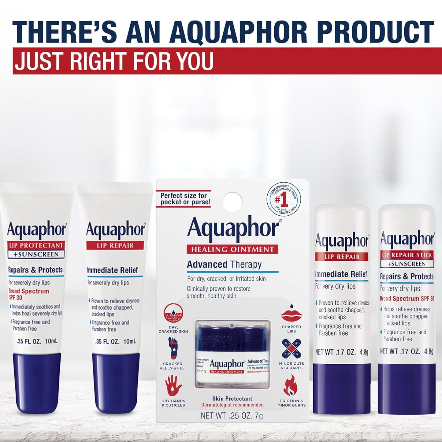 Aquaphor Lip Repair Ointment, Moisturizing Lip Balm Pack, Relieves Dryness, 0.35 Tube, Pack of 2