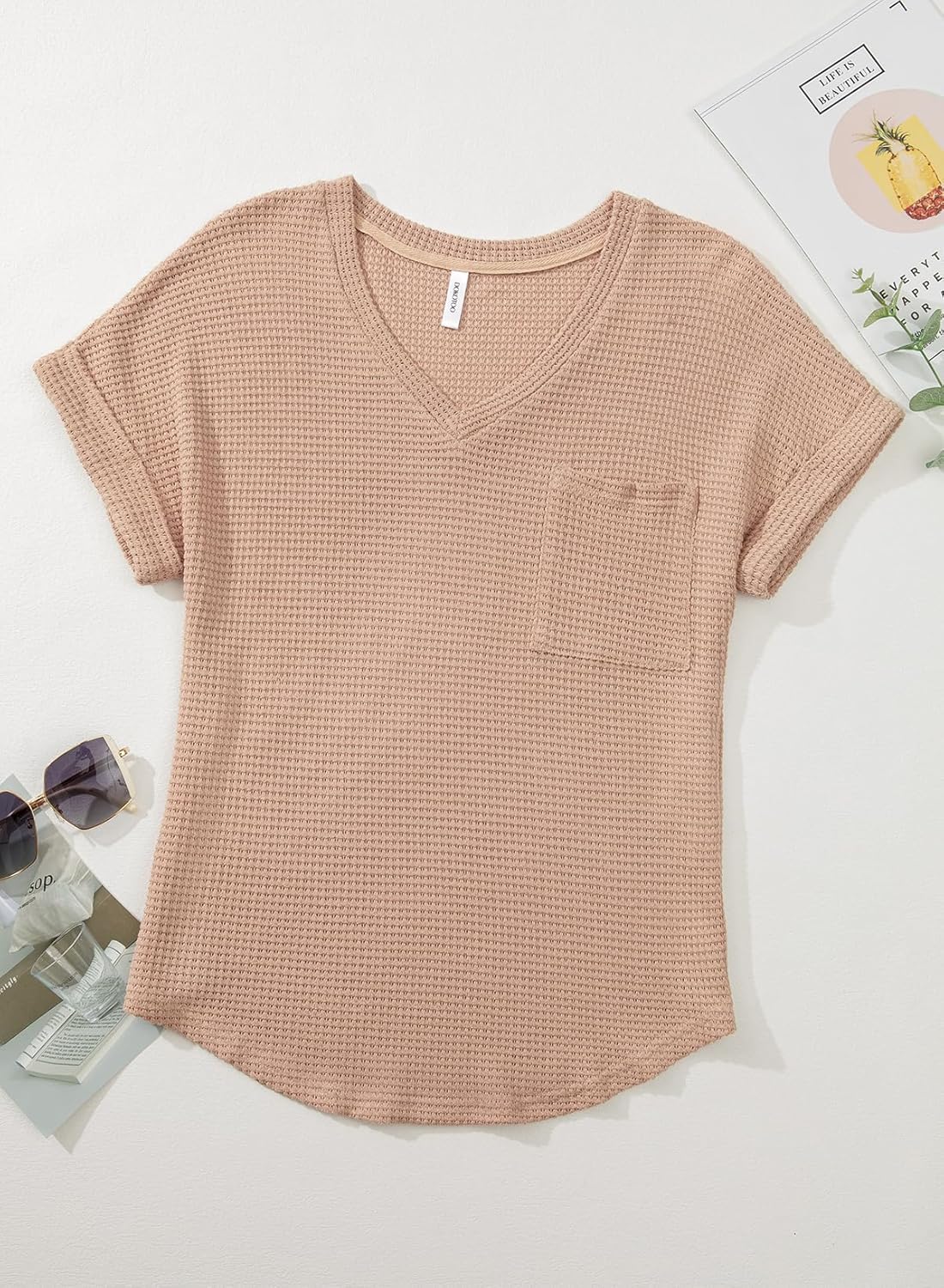 Dokotoo Womens Waffle Knit Tops 2025 Spring Summer V Neck Shirts Casual Trendy Women'S Blouses Basic Tee