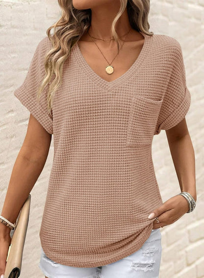 Dokotoo Womens Waffle Knit Tops 2025 Spring Summer V Neck Shirts Casual Trendy Women'S Blouses Basic Tee