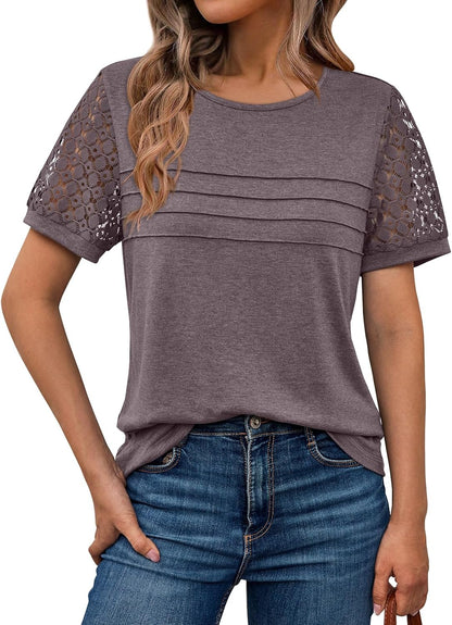 AUTOMET Women'S Short Sleeve Shirts Dressy Lace Summer Tops 2025 Spring Trendy Casual T-Shirts Cute Work Outfits Blouses