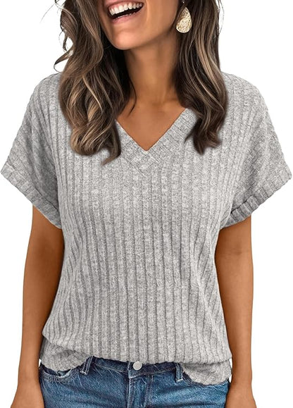 AUTOMET Women Tops Summer Sweaters Short Sleeve V Neck Shirts 2025 Spring Fashion Dressy Casual Business Tunic Blouses