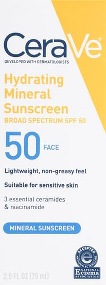 Cerave 100% Mineral Sunscreen SPF 50, Face Sunscreen with Zinc Oxide & Titanium Dioxide, Hyaluronic Acid + Niacinamide + Ceramides, Oil Free, Travel Size 2.5 Oz