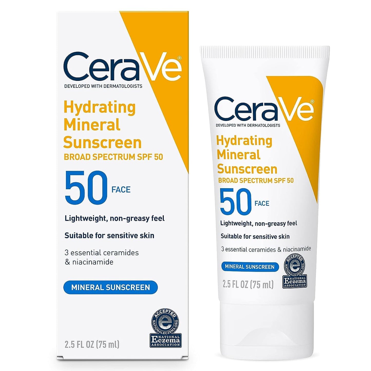 Cerave 100% Mineral Sunscreen SPF 50, Face Sunscreen with Zinc Oxide & Titanium Dioxide, Hyaluronic Acid + Niacinamide + Ceramides, Oil Free, Travel Size 2.5 Oz