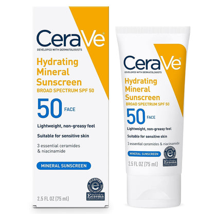 Cerave 100% Mineral Sunscreen SPF 50, Face Sunscreen with Zinc Oxide & Titanium Dioxide, Hyaluronic Acid + Niacinamide + Ceramides, Oil Free, Travel Size 2.5 Oz