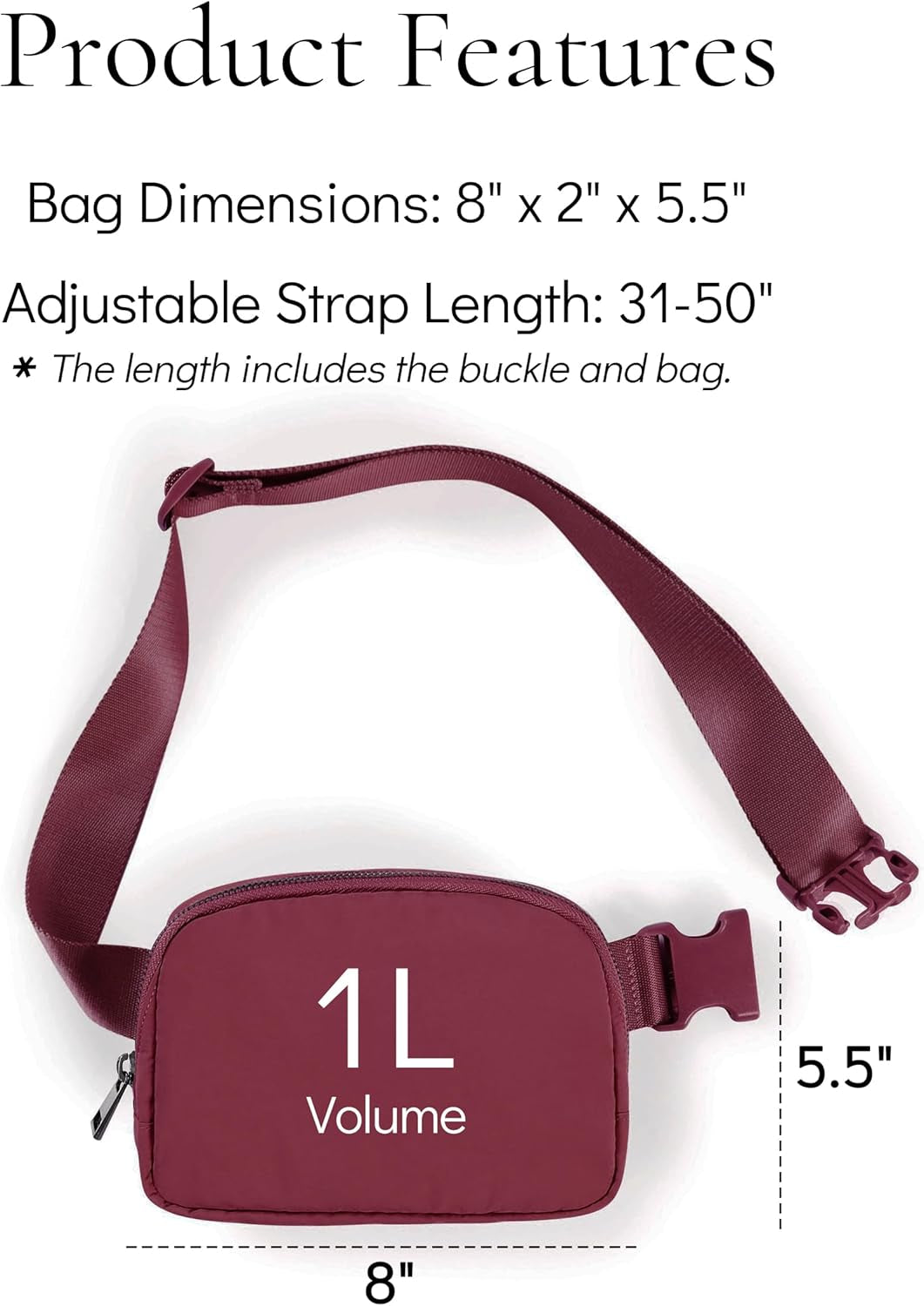 Waist Belt Bag for Women Lulu Dupes Mini Small Crossbody Purse Sling Bag Cute Fashion Waterproof Fanny Pack over the Shoulder Bags Fashionable Travel Running Belt Pouch Bum Bag Red Merlot