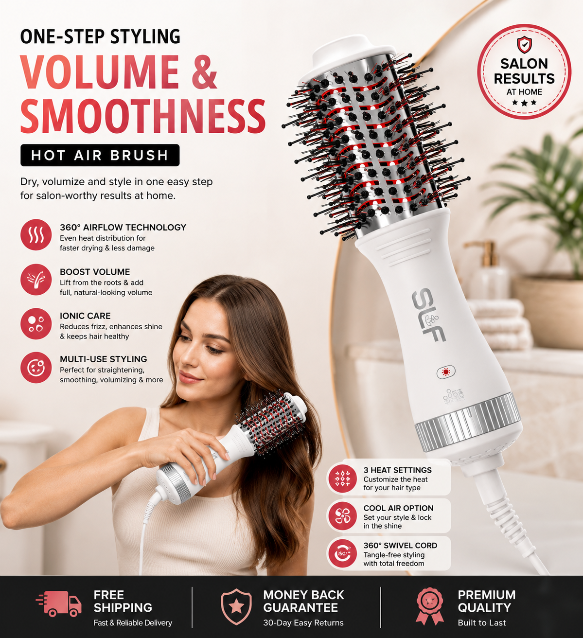 SLF Red Light Therapy Hair Dryer Brush with Travel Case & Styling Clips