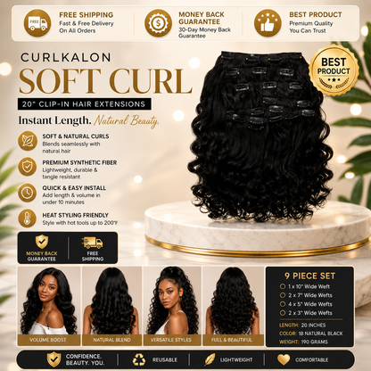 A promotional graphic for CurlKalon Soft Curl 20-inch clip-in hair extensions. 