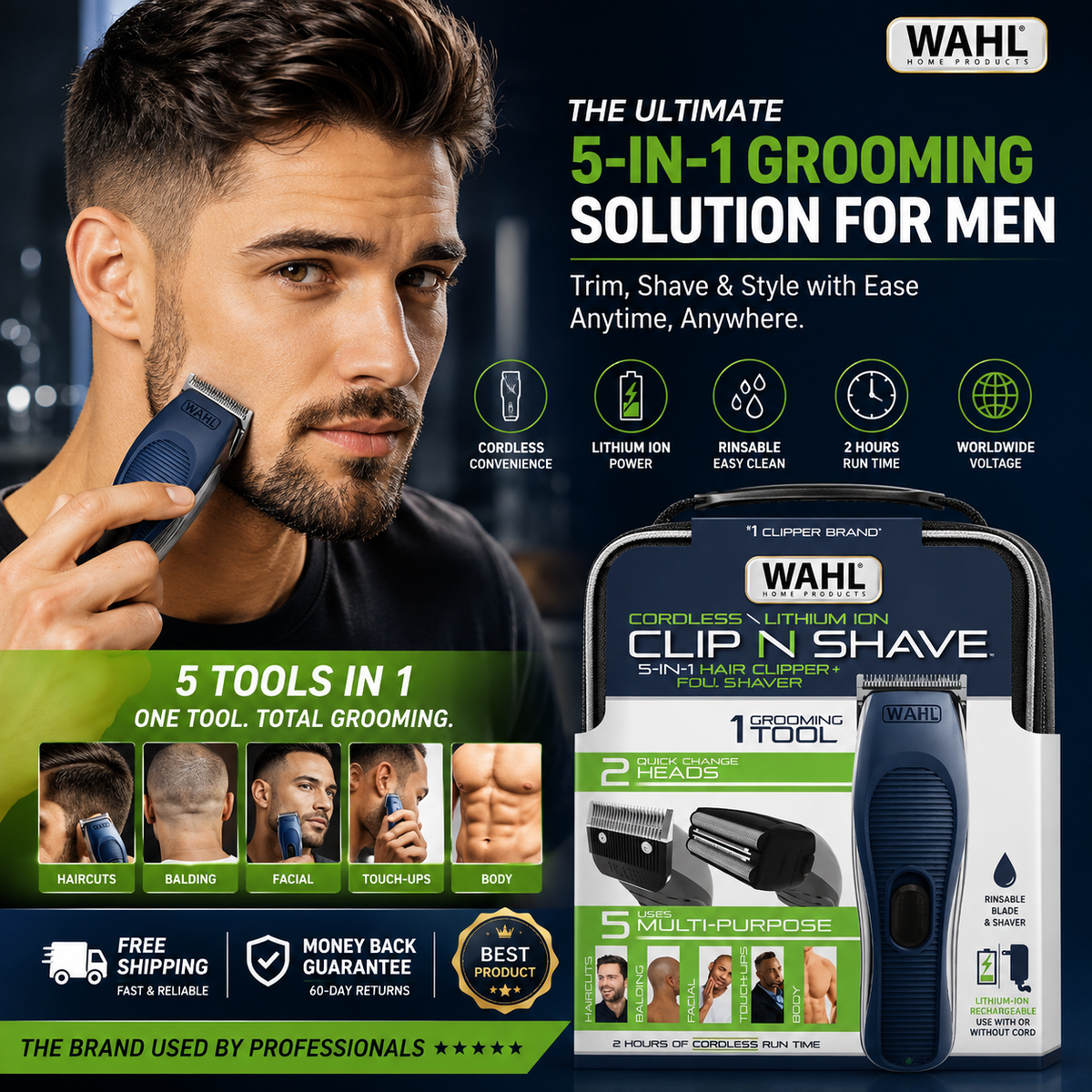 Wahl Men’s Cordless Hair Trimmer & Electric Shaver – Rechargeable Multi-Grooming Kit