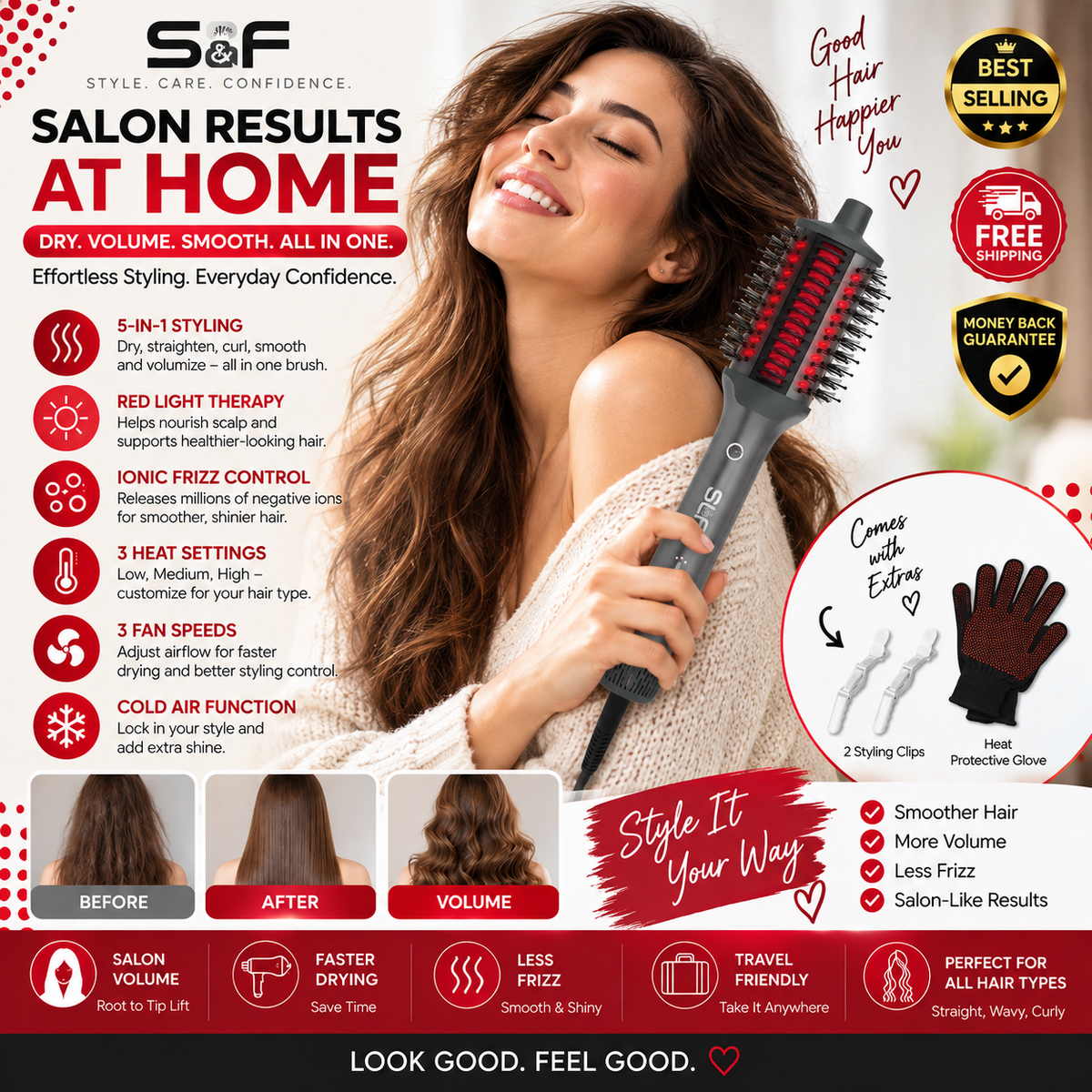 SLF Red Light Therapy Hair Brush – Ionic Drying, Smoothing & Heated Comb