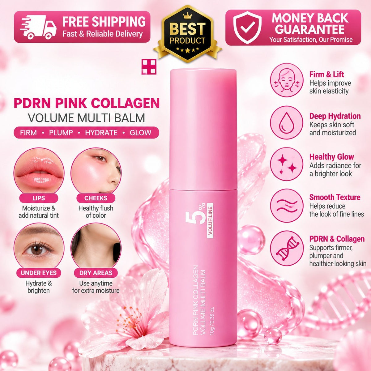 Portable pink collagen balm stick for face and lip hydration